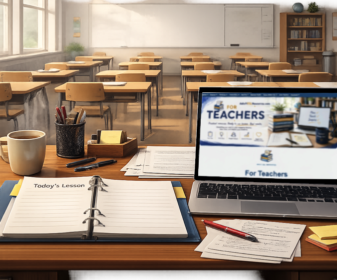 Teacher's desk with an empty lesson binder and a laptop open to Adult ESL Resources