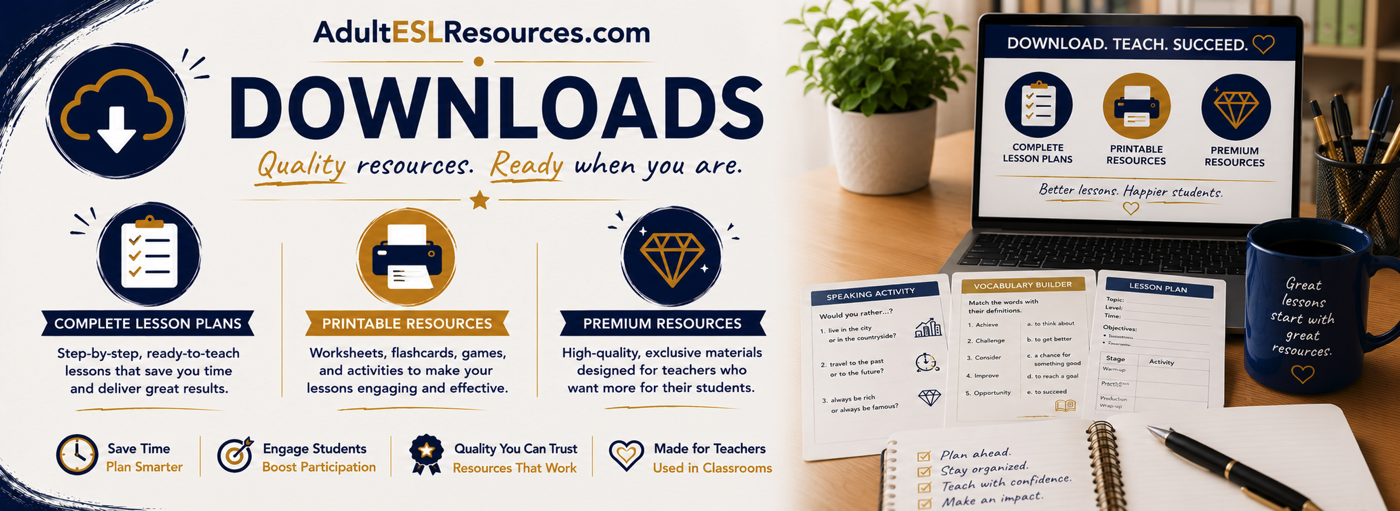 Adult ESL Resources Downloads banner