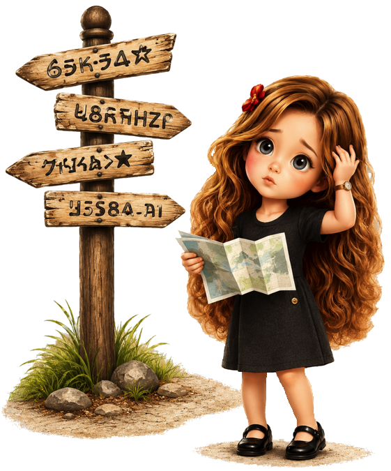 Our learner holding a map beside a confusing signpost